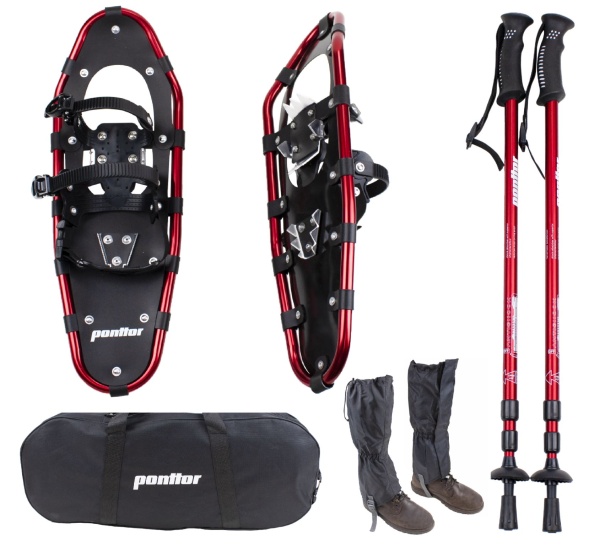 PONTTOR Schneeschuh-Set incl. Teleskop-Stöcke, Gamaschen und Tragetasche, Farbe: schwarz-rot