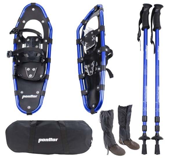 PONTTOR Schneeschuh-Set incl. Teleskop-Stöcke, Gamaschen und Tragetasche, Farbe: schwarz-blau