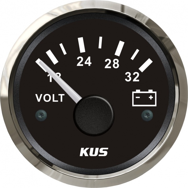 KUS - Voltmeter, schwarzes Display mit Edelstahl-Lünette, 18 - 32 Volt
